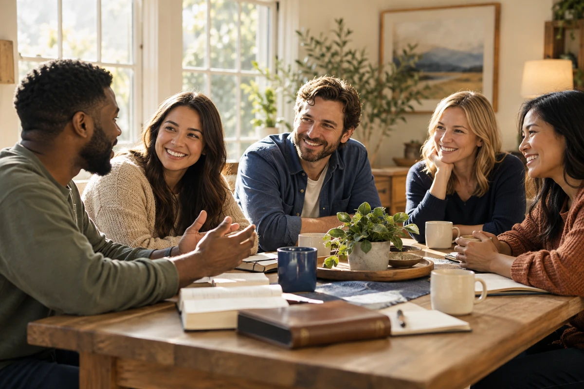 Cinq adultes partagent un moment chaleureux autour d’une table.