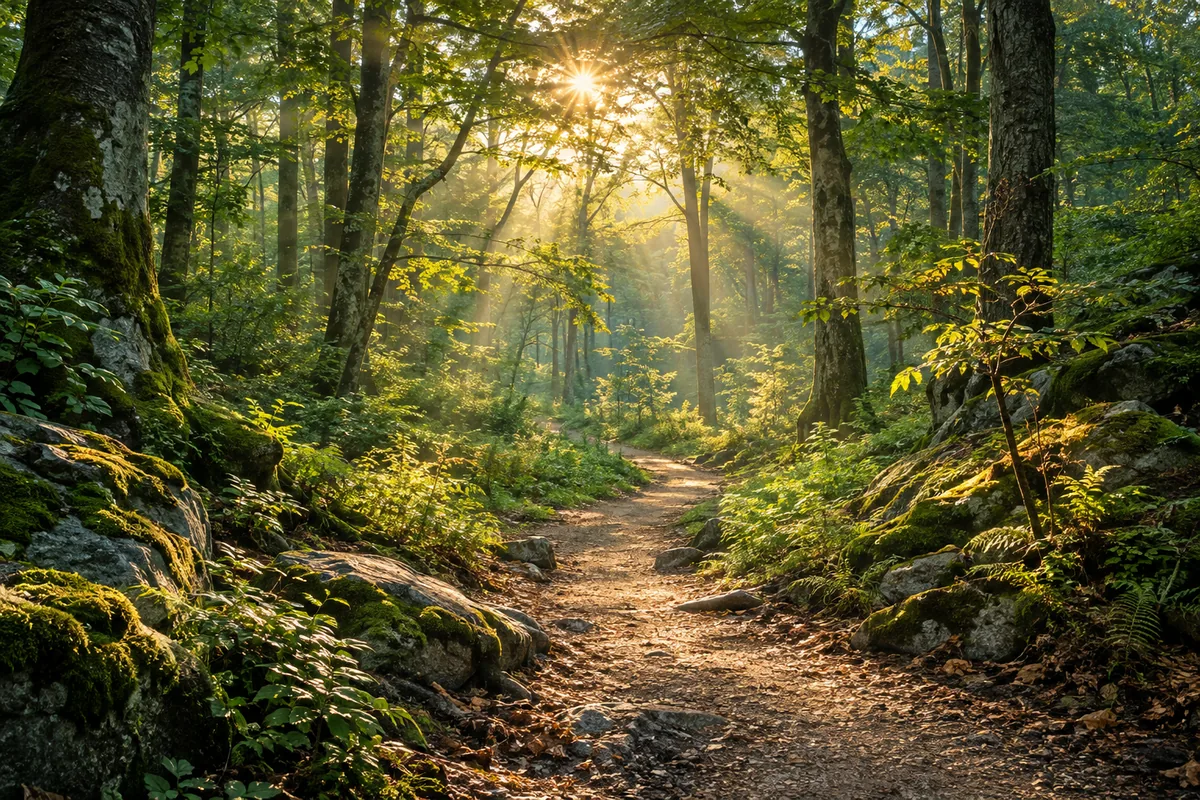 Un chemin paisible au milieu d’une forêt traversée de rayons de soleil.