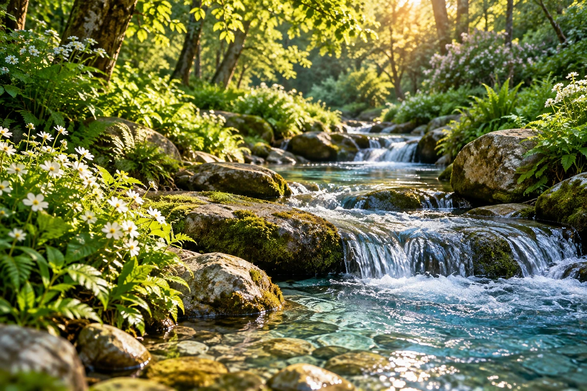 Une rivière lumineuse bordée de végétation et de fleurs.